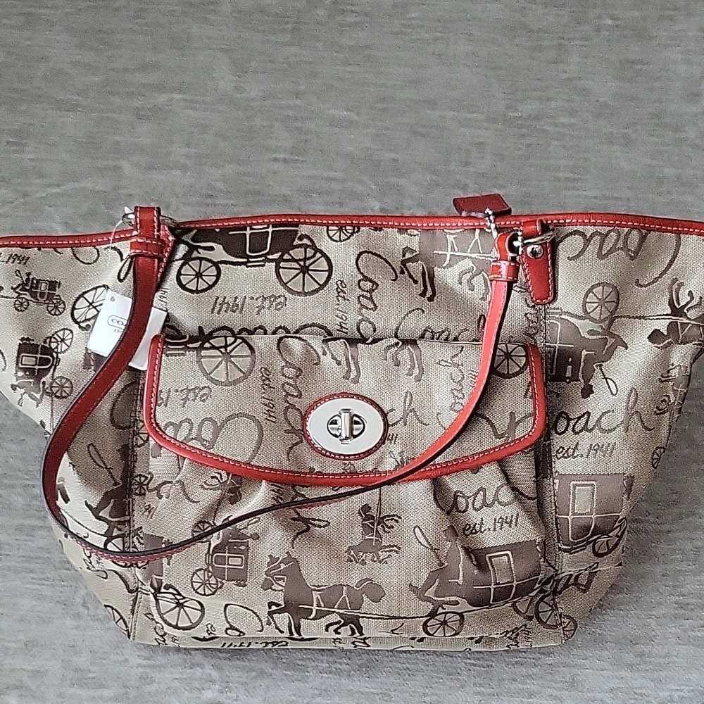 Coach Tan and Red Graphic Tote Bag